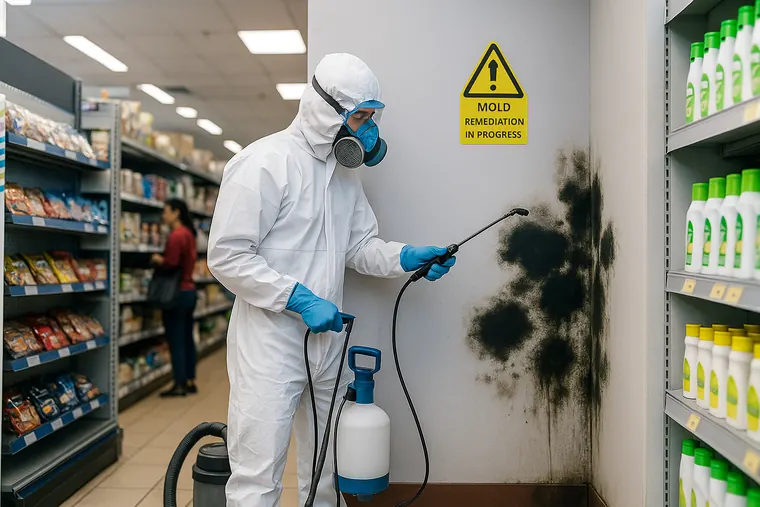 Mould remediation in a retail unit with a safety sign on display